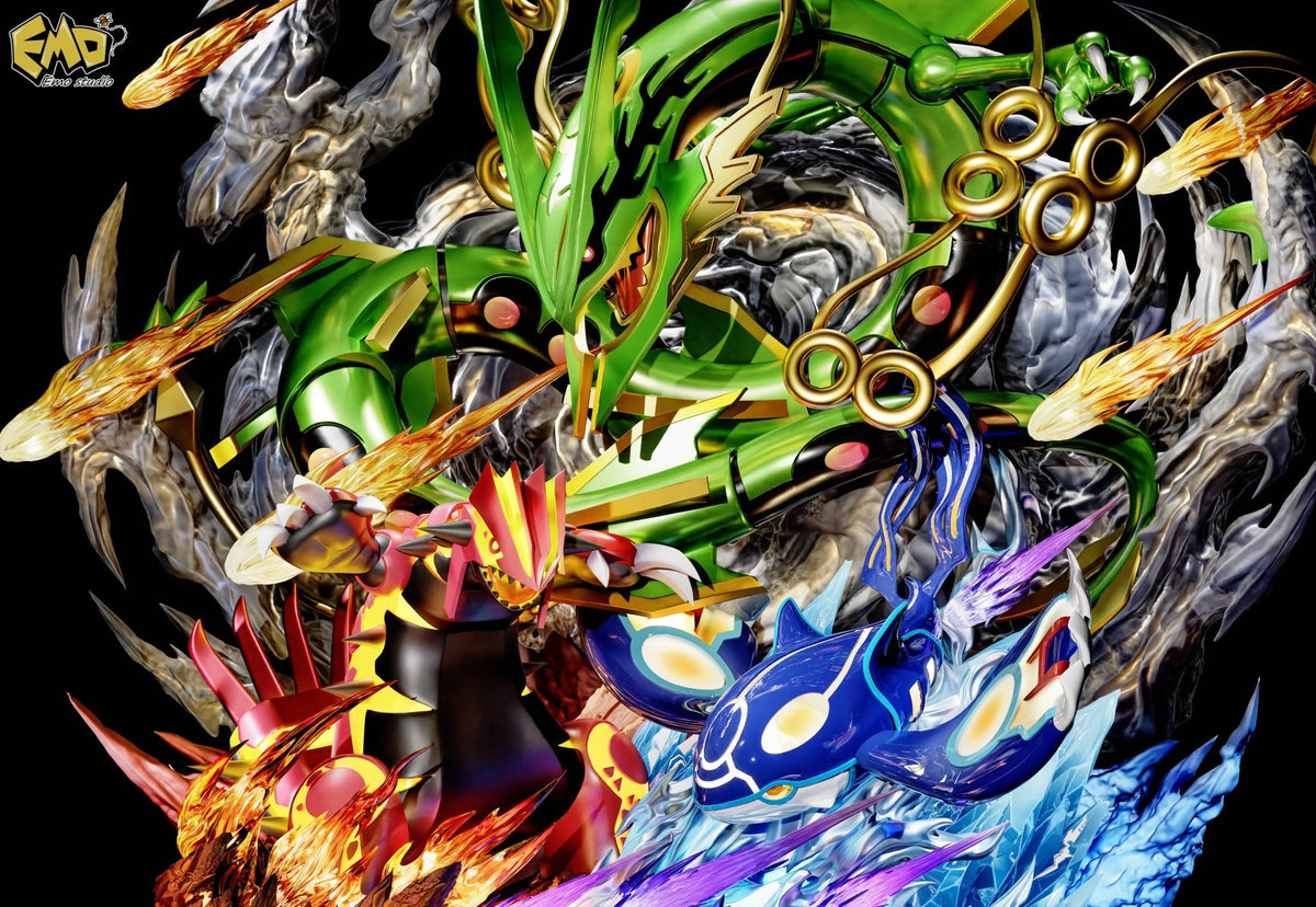 Preventa Resina Mega Rayqueaza, Primal Groudon & Primal Kyogre Figura Pokemón EMO Estudio