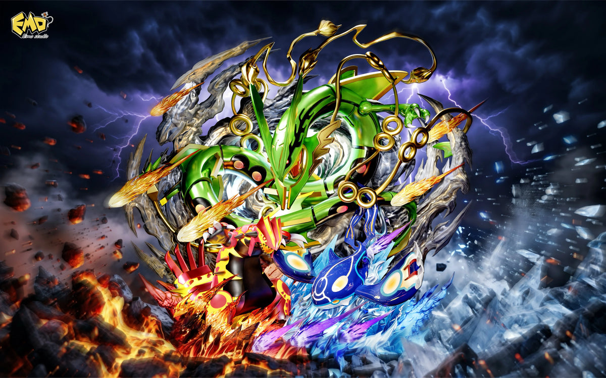 Preventa Resina Mega Rayqueaza, Primal Groudon & Primal Kyogre Figura Pokemón EMO Estudio
